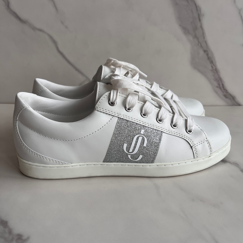Jimmy Choo White / Silver Logo Sneakers - Worn Once